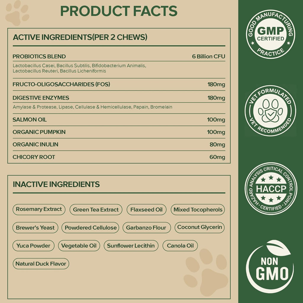 Close up of 30 count dog probiotics container displaying the 7 enzymes and omega 3 formula details.