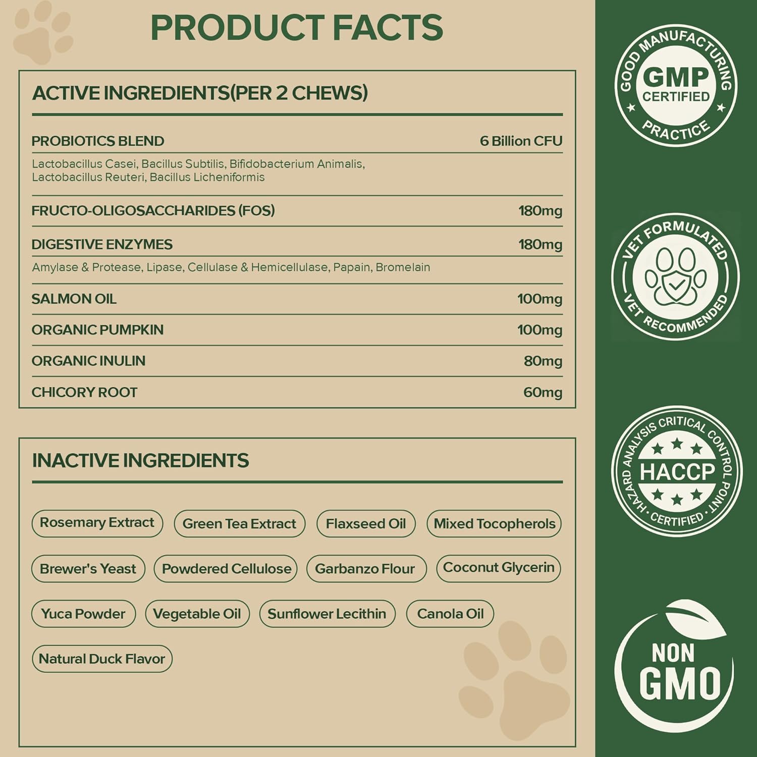 Close up of 30 count dog probiotics container displaying the 7 enzymes and omega 3 formula details.