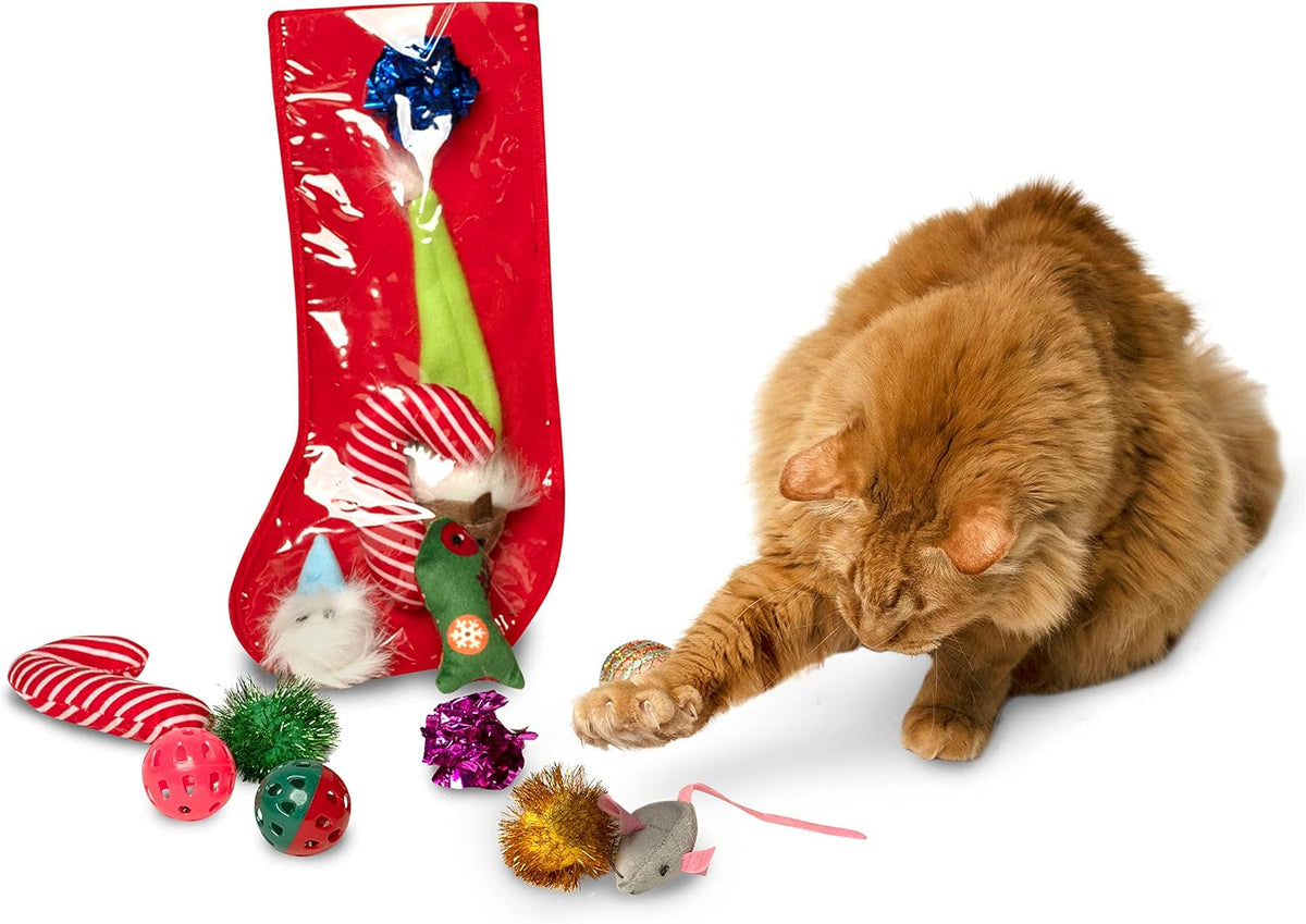 Midlee cat stocking gift set showing sparkle and bell balls.
