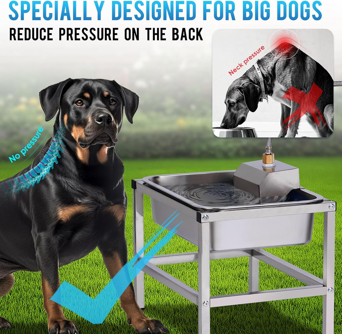 Stainless steel three gallon raised pet waterer side view showing float valve