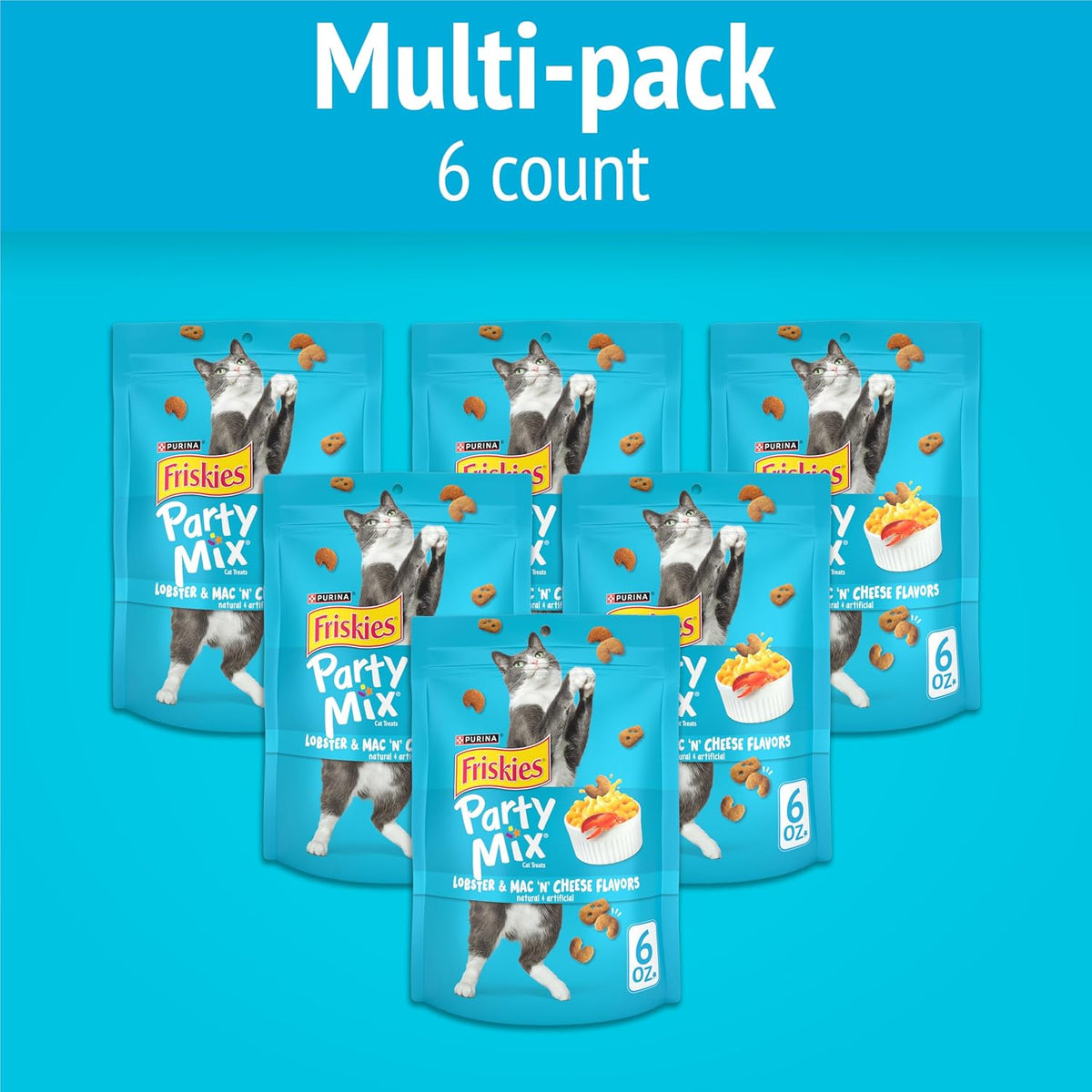 Six pack of Purina Friskies lobster and mac n cheese cat treats pouches