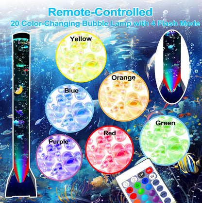 Muiofang tall bubble tube fish lamp with its secure anti tip wall bracket mounted firmly to a playroom wall.