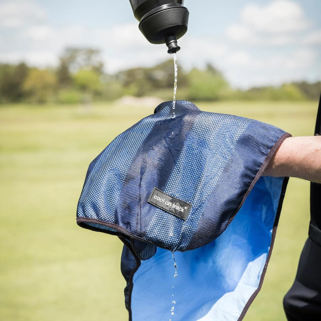 Premium evaporative cooling towel for heat relief packaged in its original zipper storage bag