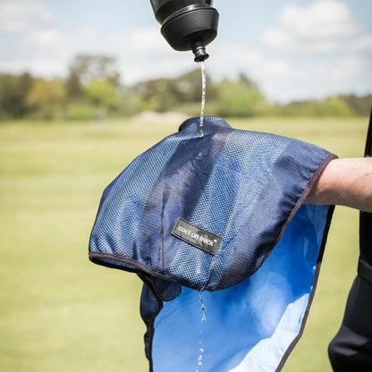 Premium evaporative cooling towel for heat relief packaged in its original zipper storage bag