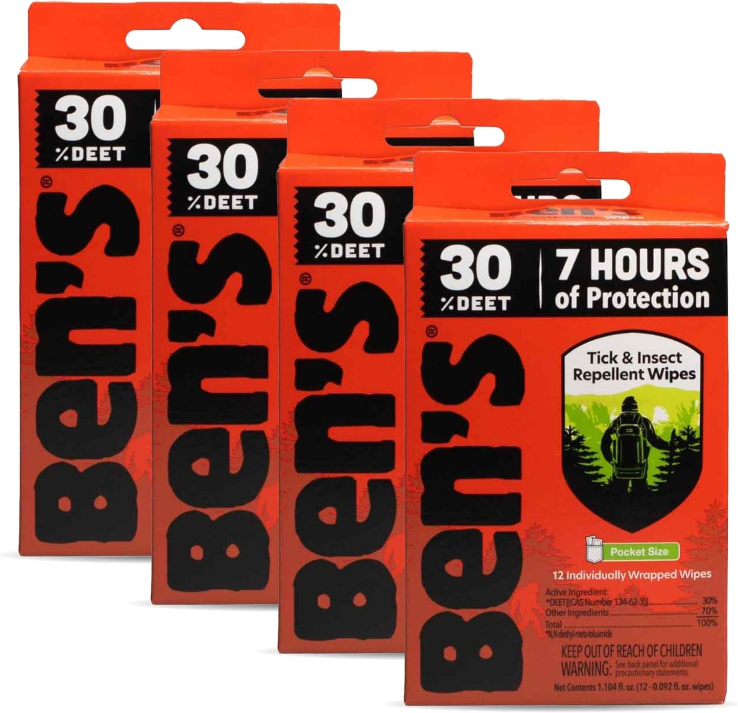 Ben's Tick and Insect Repellent Wipes 4 pack front view packaging for mosquito defense
