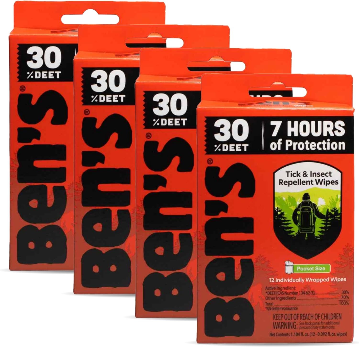 Ben's Tick and Insect Repellent Wipes 4 pack front view packaging for mosquito defense