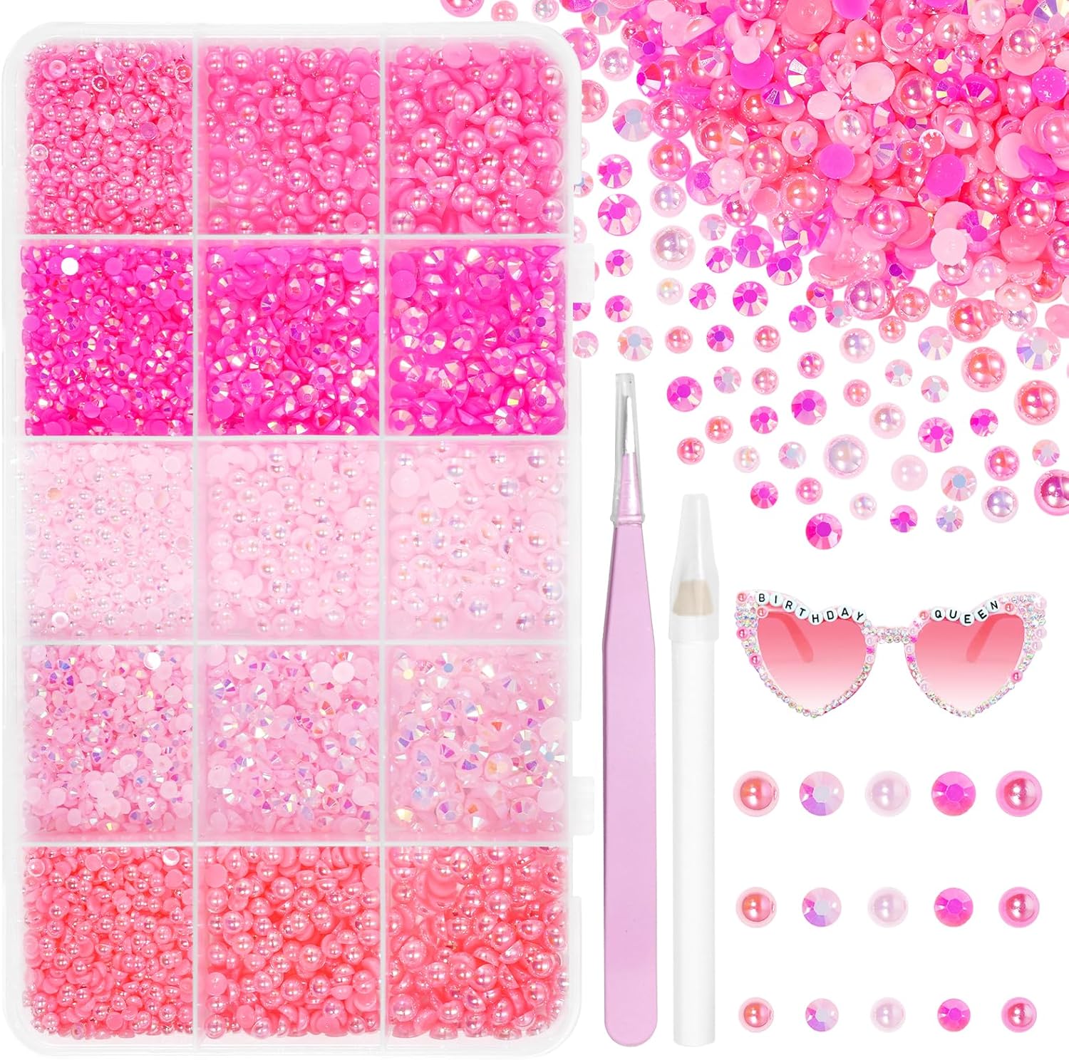 Tatiwoo pink flatback pearls and rhinestones set front view in box
