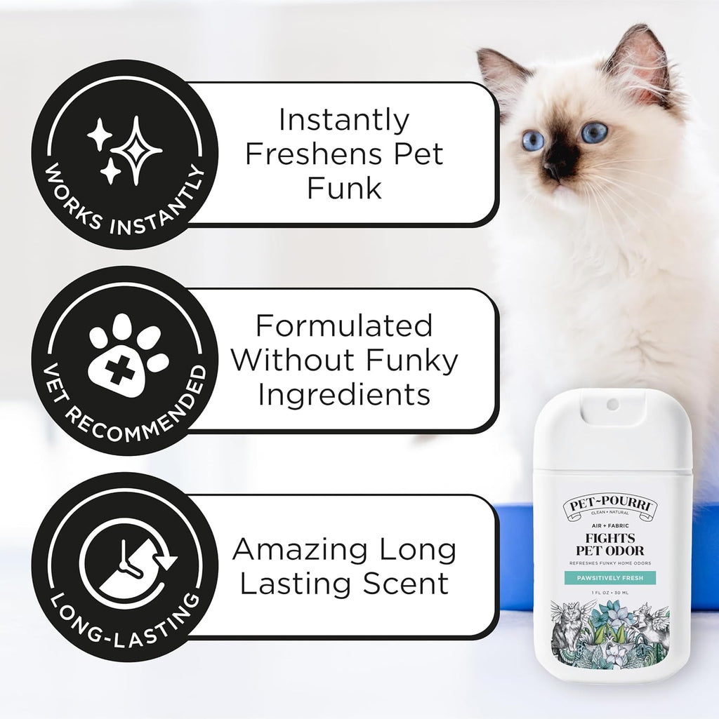 Pourri pocket size pet odor eliminator bottle showing pineapple and jasmine scent profile