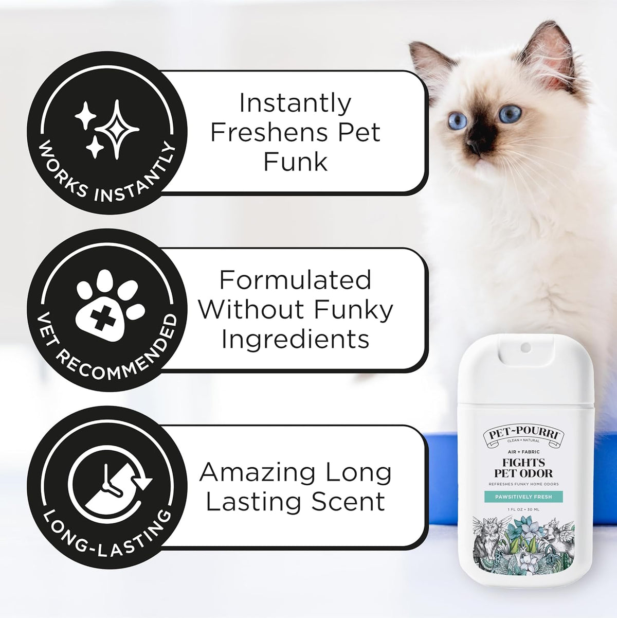 Pourri pocket size pet odor eliminator bottle showing pineapple and jasmine scent profile