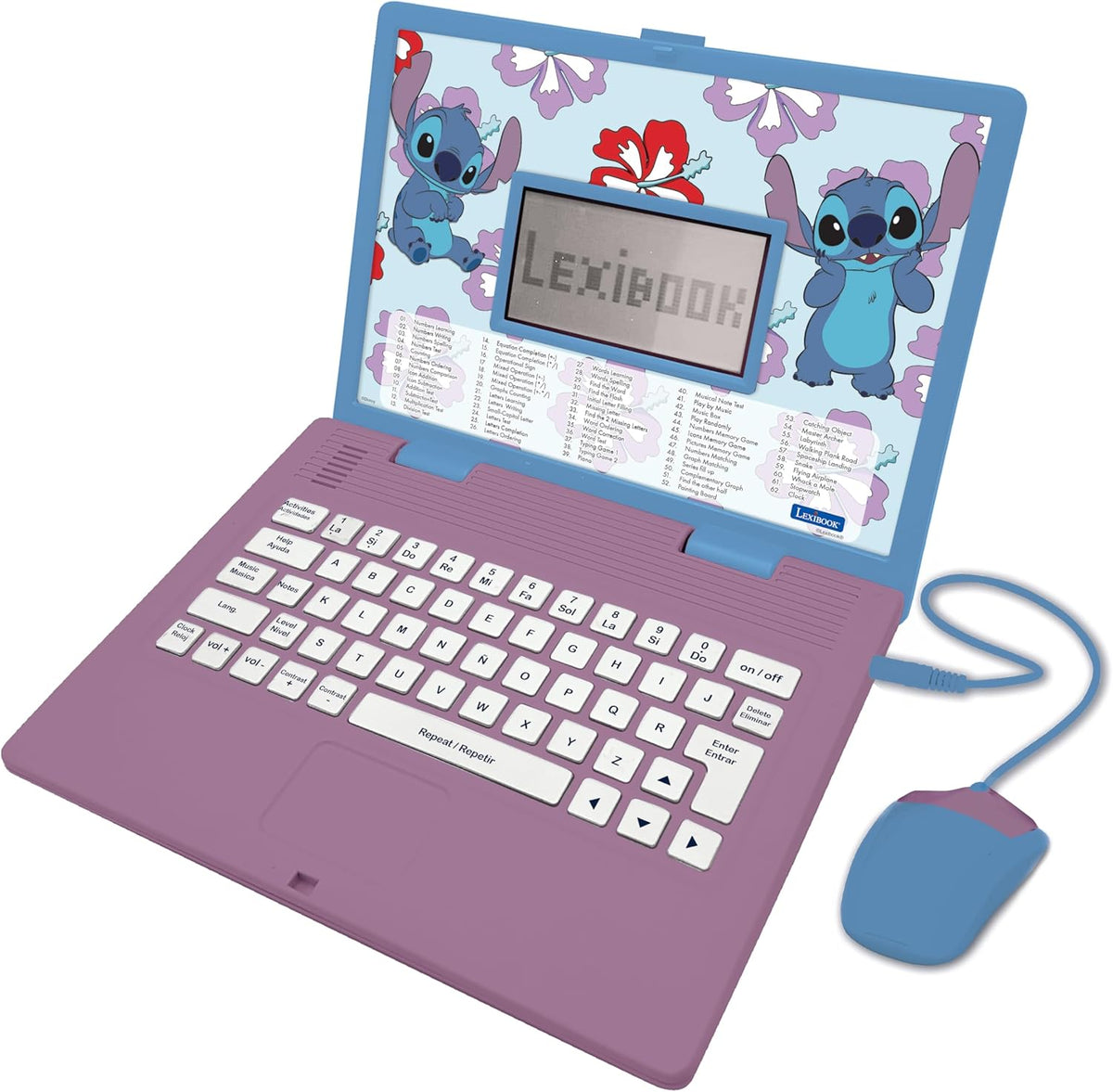 Lexibook Disney Stitch educational laptop front view showing screen and keyboard.