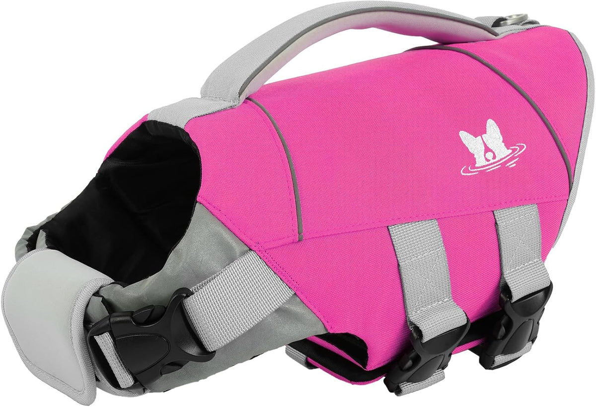 Secure underbelly strap system of the premium canine personal flotation device.