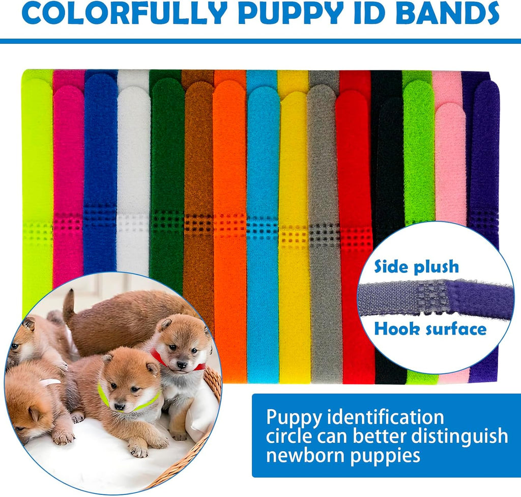 Ywingda puppy whelping supplies showing twelve multi colored identification collars and weight tracking charts.