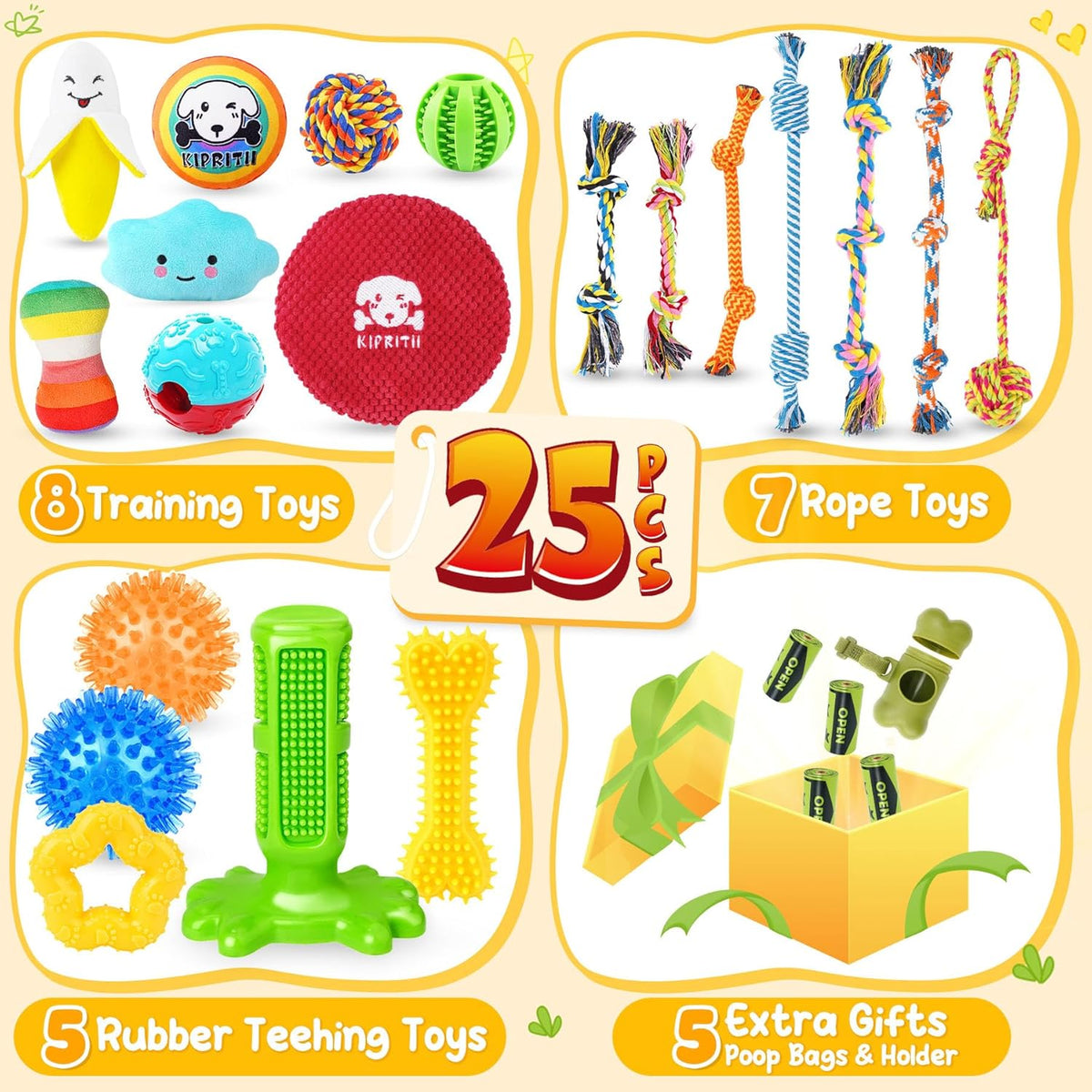 KIPRITII puppy teething toys assortment highlighting textured rubber chew rings and cotton knots.