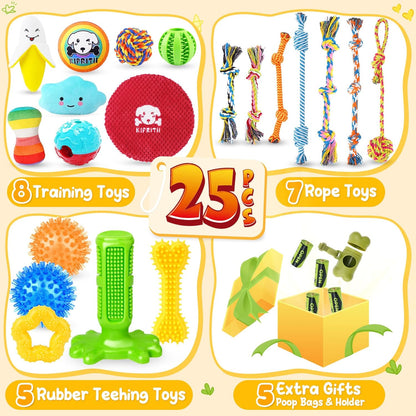 KIPRITII puppy teething toys assortment highlighting textured rubber chew rings and cotton knots.