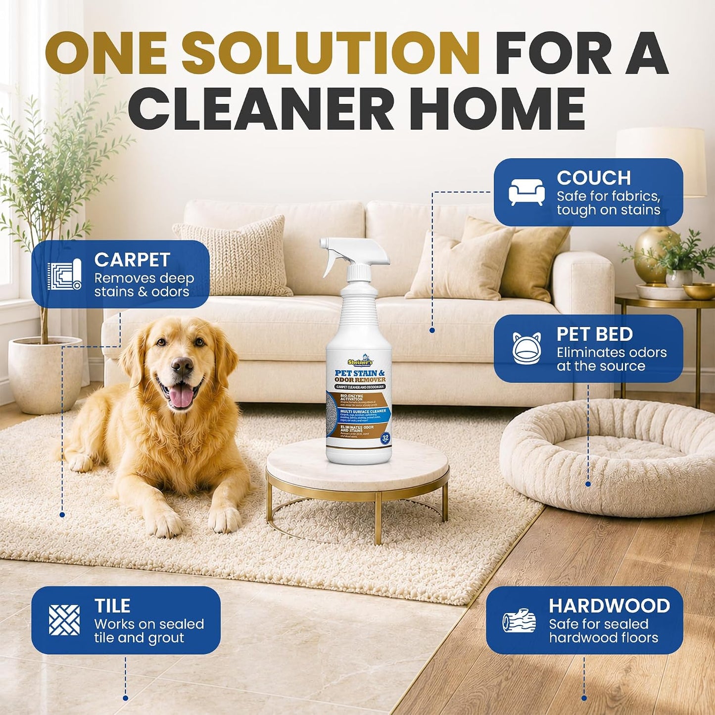 Sheiner's pet odor eliminator bottle showing bio-enzyme technology label