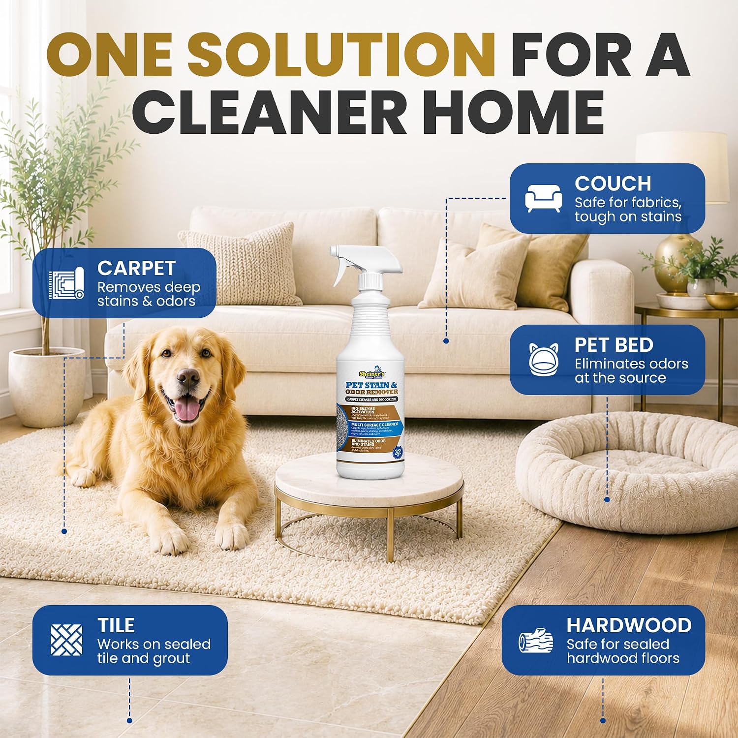 Sheiner's pet odor eliminator bottle showing bio-enzyme technology label