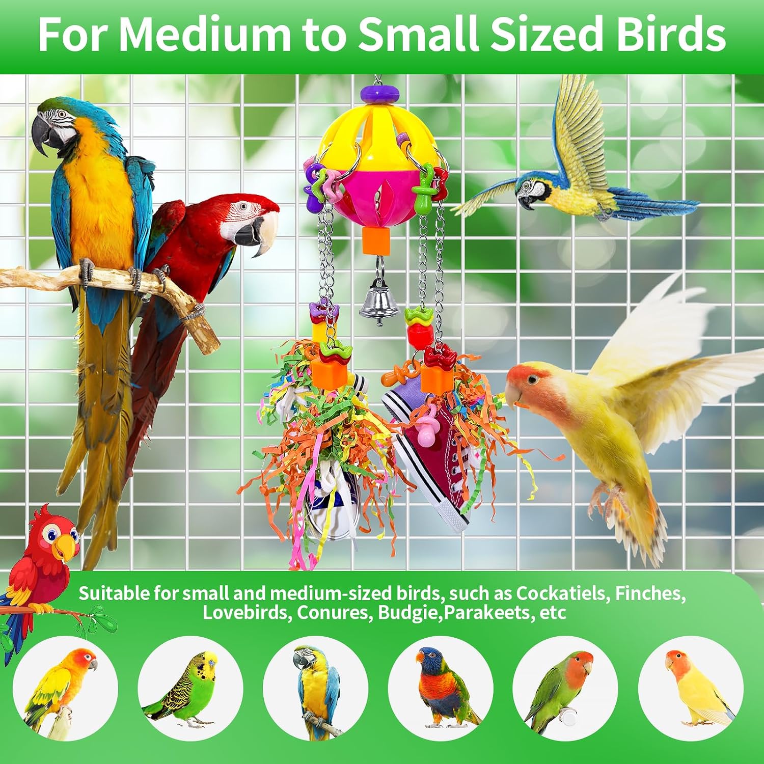 Loperdeve colorful sneaker parrot toy side view displaying stainless steel chain attachment