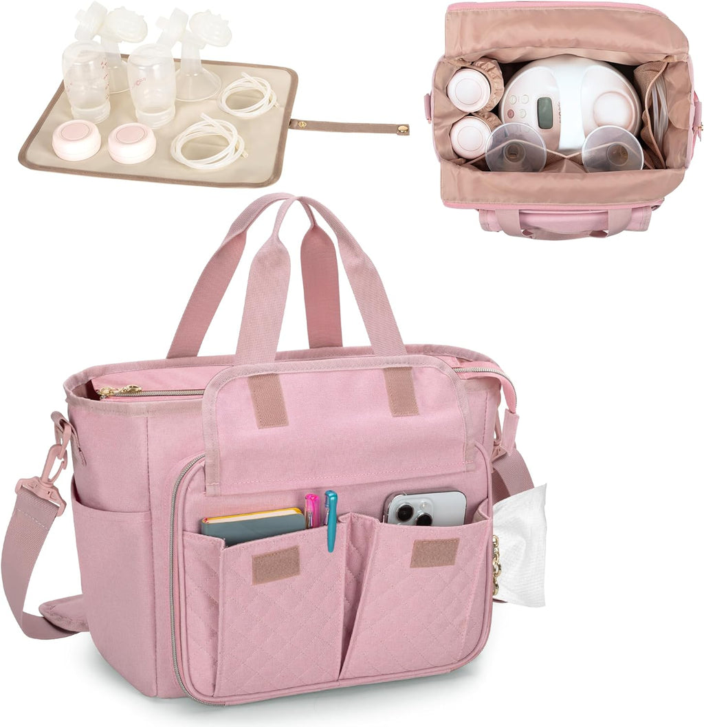 LUXJA breast pump bag in pink front view showing quilted exterior pocket and shoulder strap.