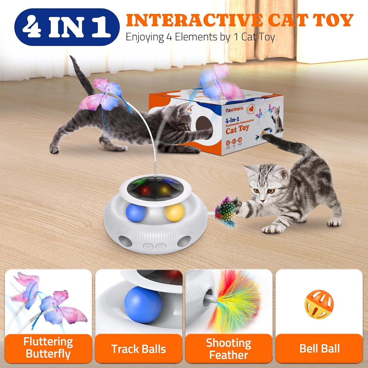 Pawtners four in one cat toy package containing the USB Type-C charging cable