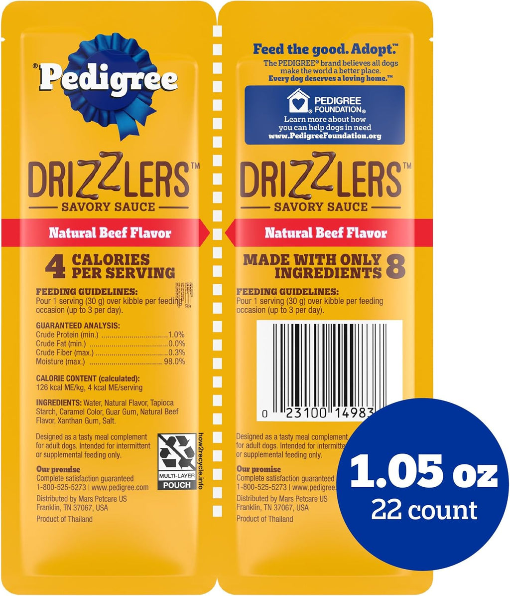 Pedigree Drizzlers natural beef flavor dual serving pouch close up