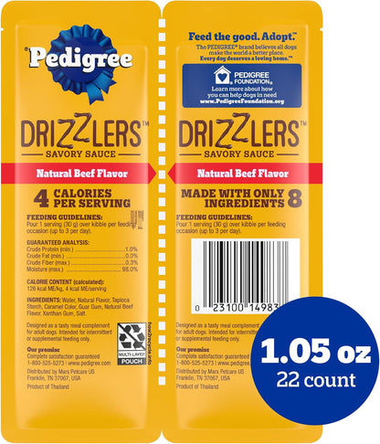 Pedigree Drizzlers natural beef flavor dual serving pouch close up