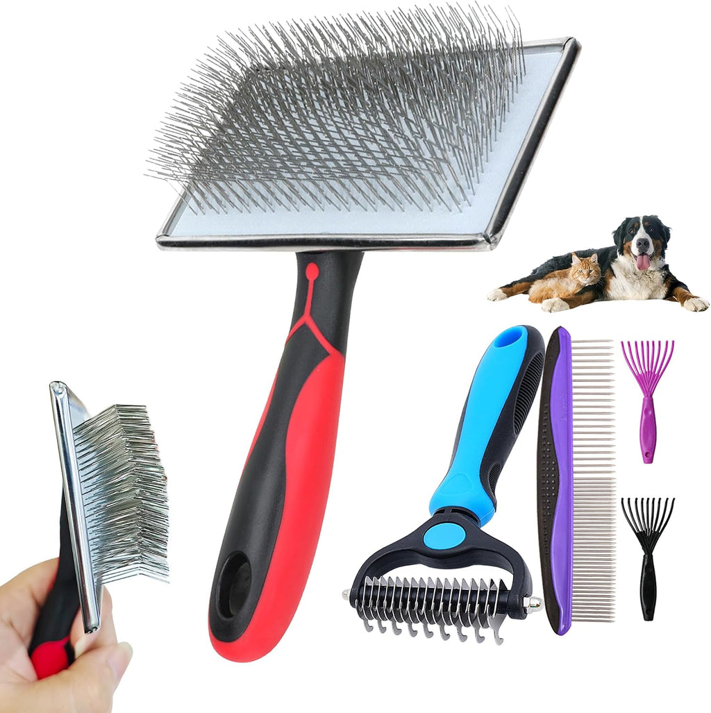 EAFBAO 5-in-1 pet grooming kit front view showing slicker brush undercoat rake and metal comb