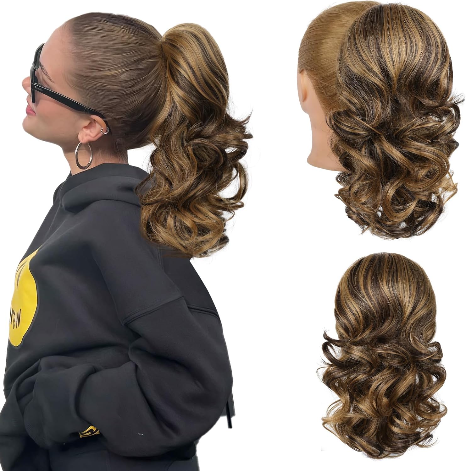 Flufymooz Ponytail Extension front view of 14-inch drawstring synthetic hairpiece in chocolate brown with blonde highlights