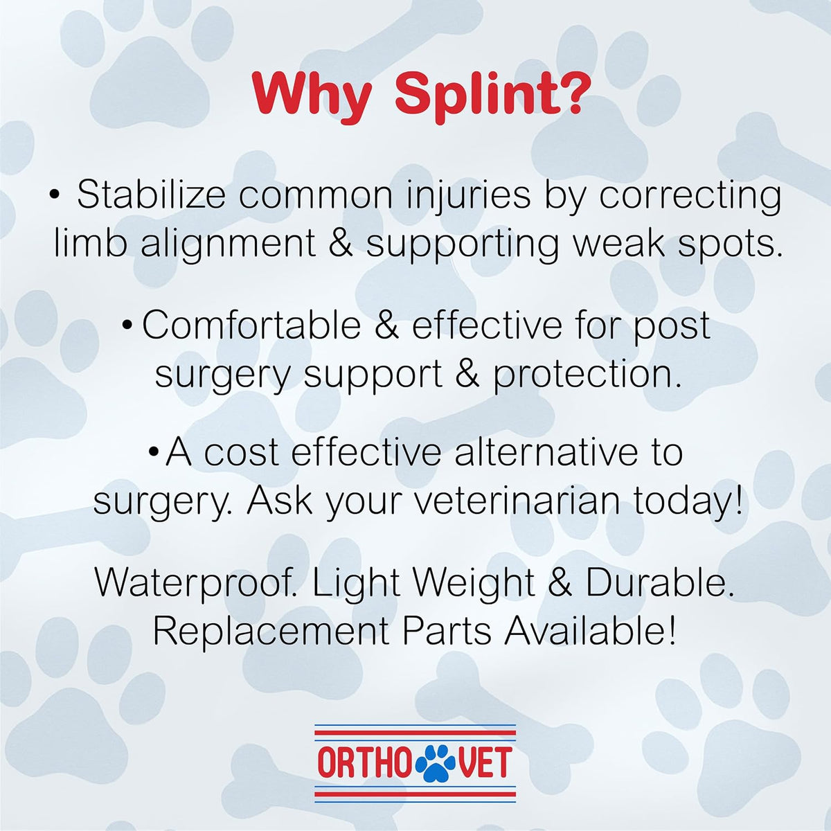 Side profile of OrthoVet rear splint showing foam padding