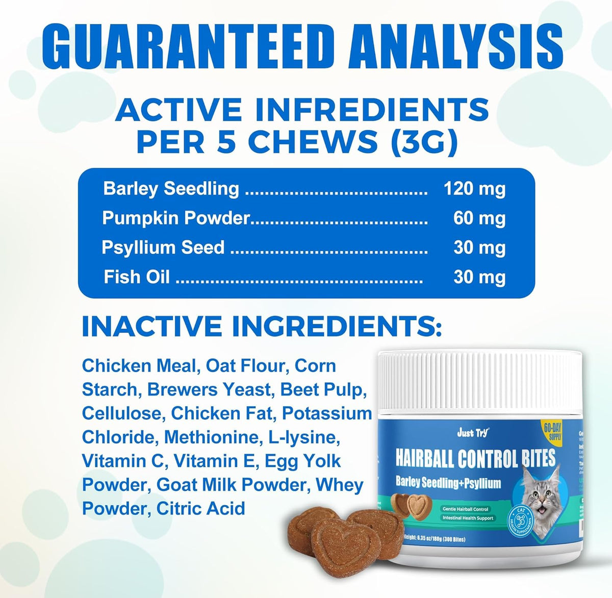 Just Try pet health product showcasing pumpkin and omega three fish oil benefits for felines
