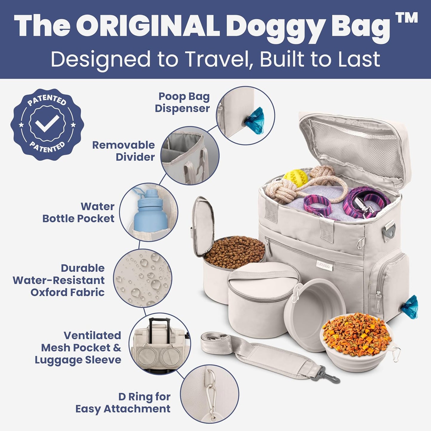 Rubyloo dog travel bag with two collapsible silicone bowls and food containers