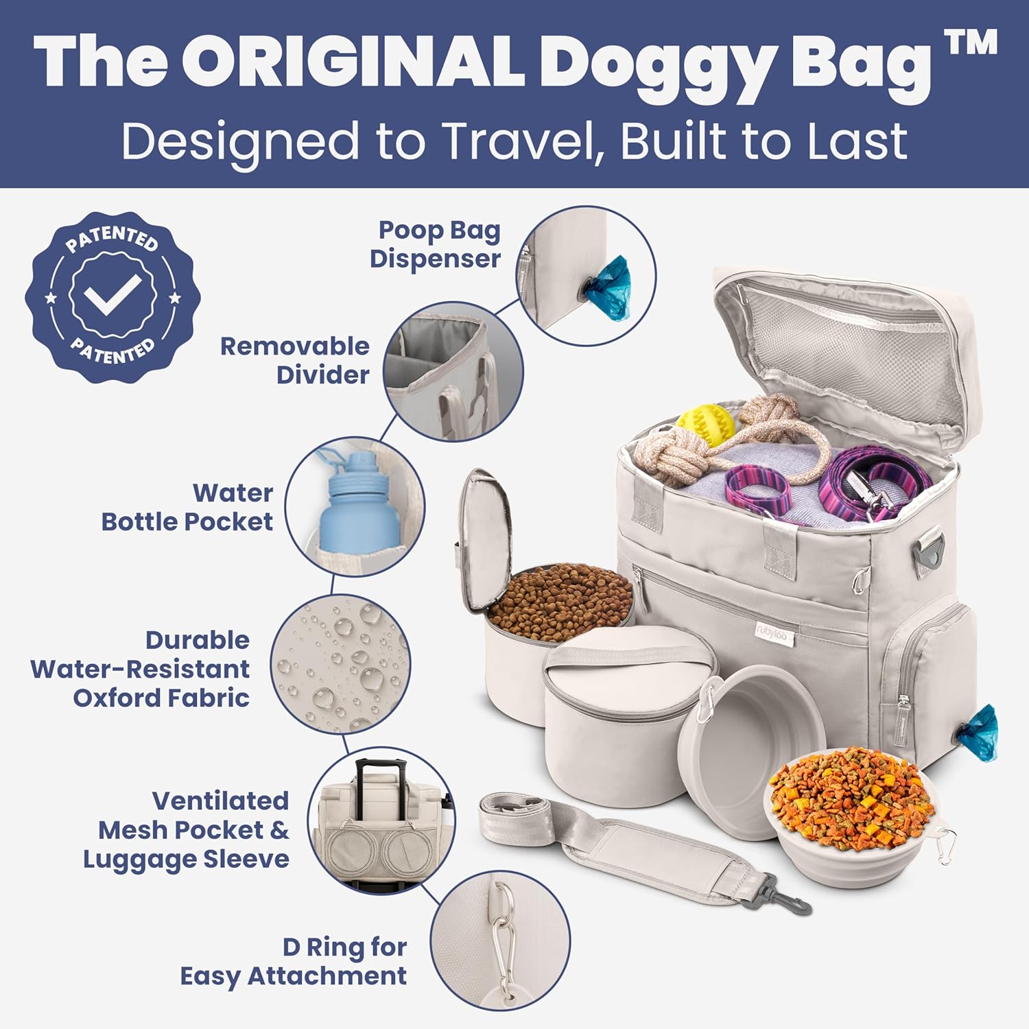 Rubyloo dog travel bag with two collapsible silicone bowls and food containers