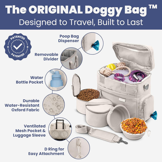 Rubyloo dog travel bag with two collapsible silicone bowls and food containers