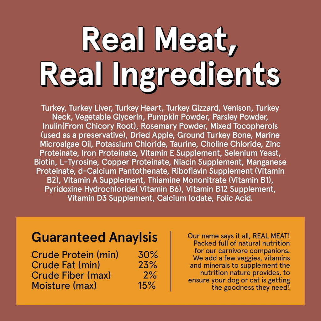 Premium imported five ounce trial pack bag of Real Meat brand dog food