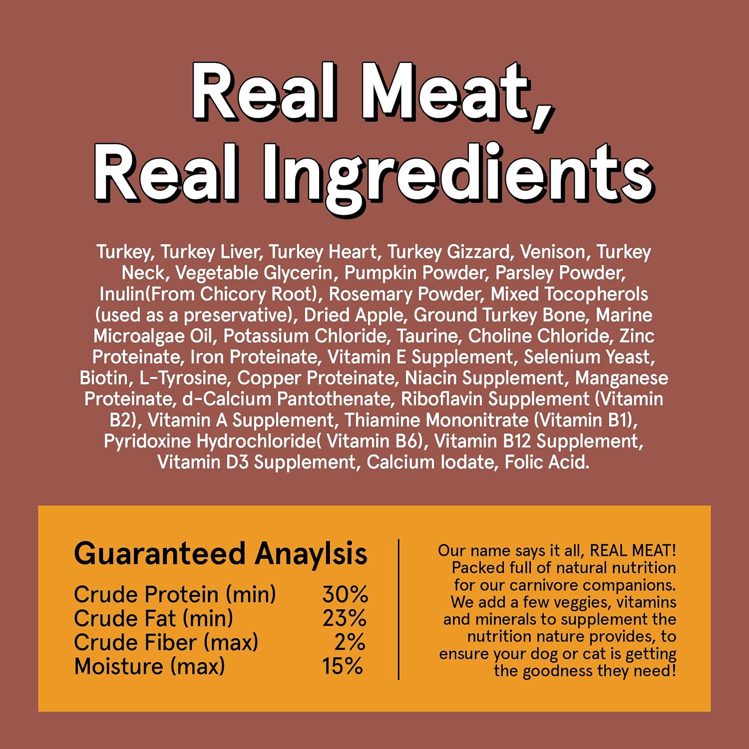 Premium imported five ounce trial pack bag of Real Meat brand dog food