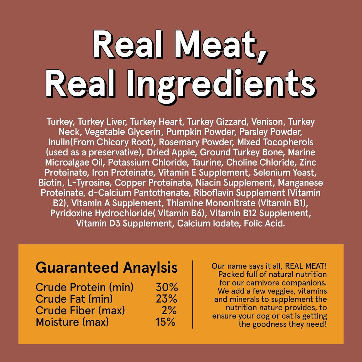 Premium imported five ounce trial pack bag of Real Meat brand dog food