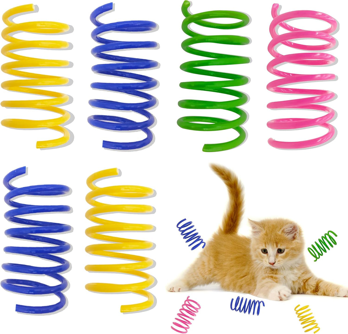 QUVOVID cat spring toys front view showing colorful plastic coils for indoor cats.