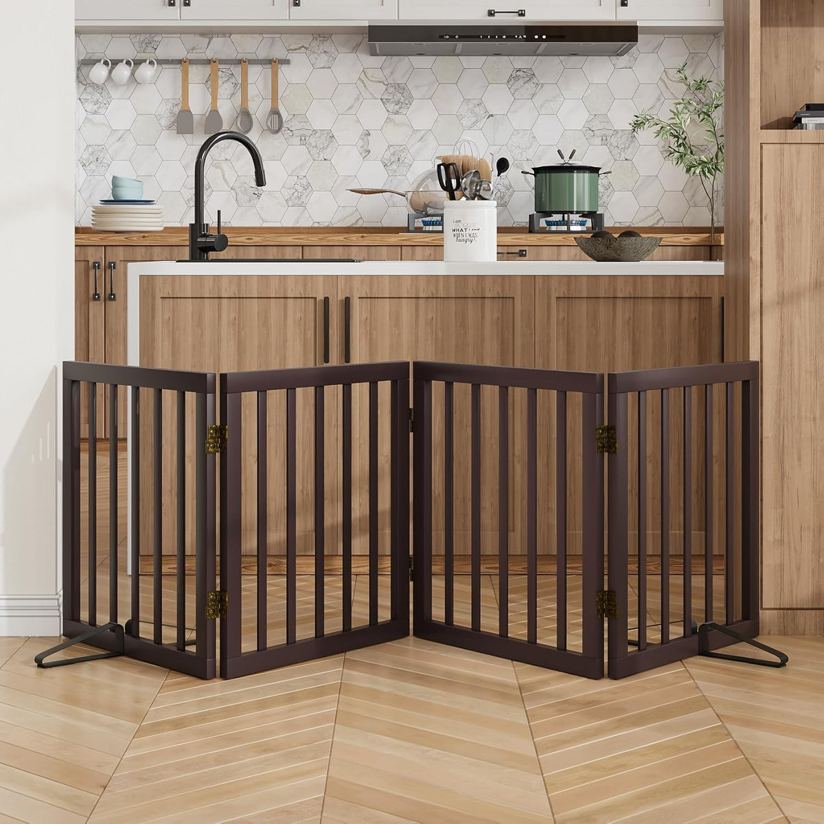 Mino Kesper wooden dog gate front view freestanding in doorway