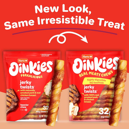 Hartz Oinkies dog treats featuring real chicken and pig skin twist texture
