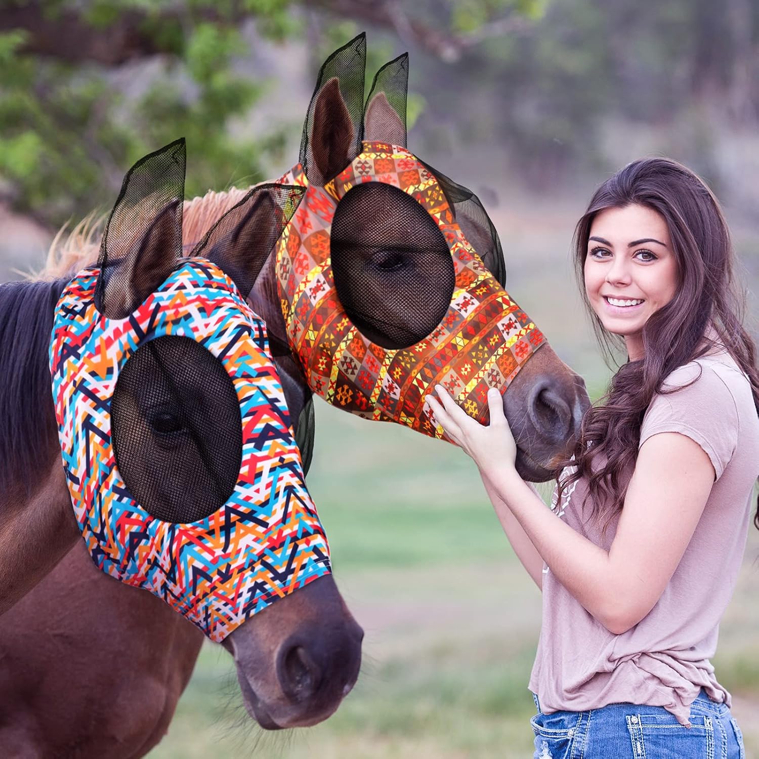 Front view of horse wearing comfortable UV protective fly mask