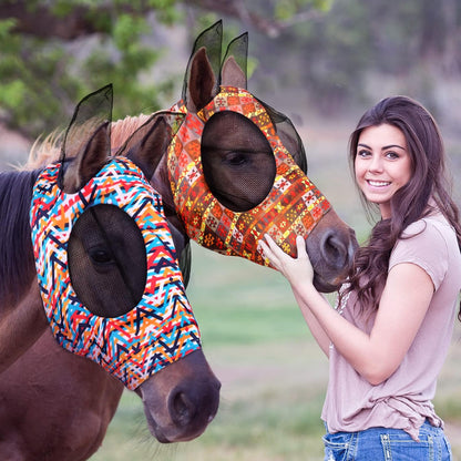 Front view of horse wearing comfortable UV protective fly mask
