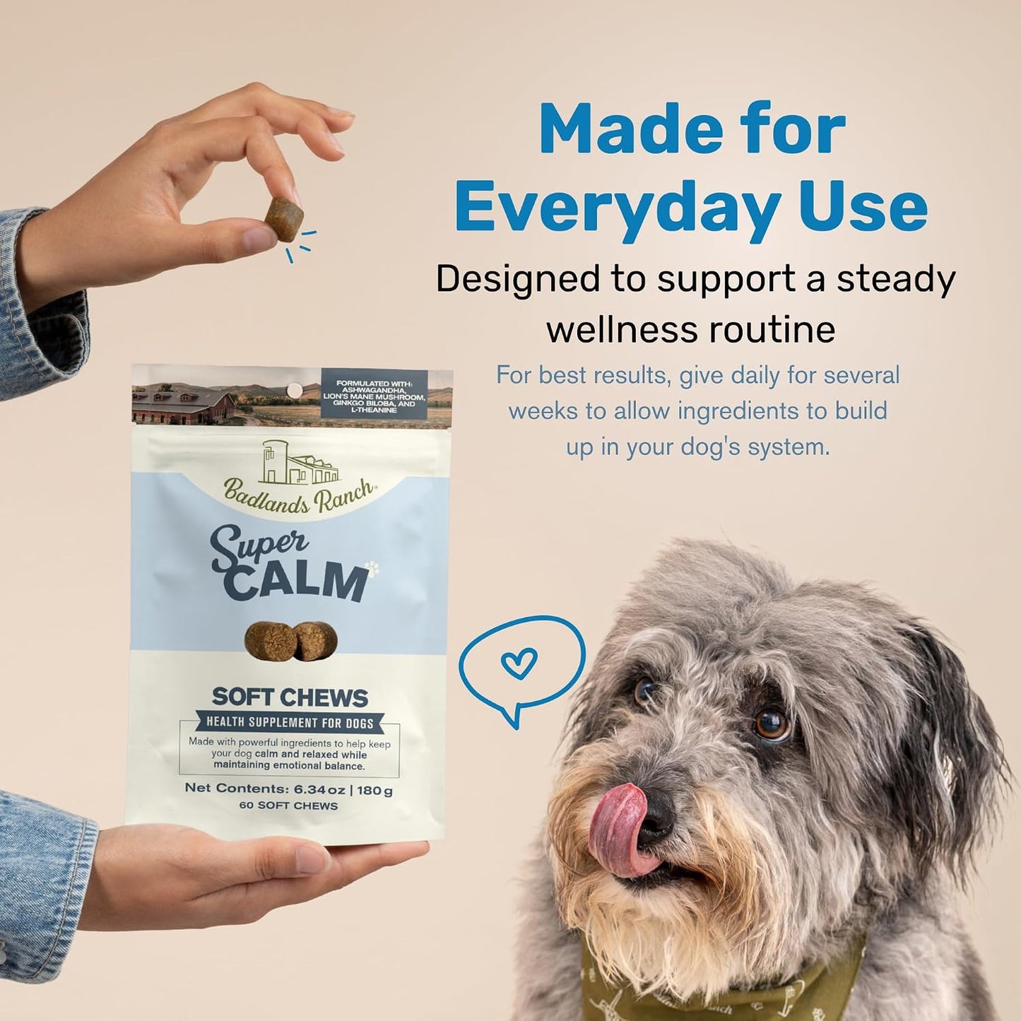 Badlands Ranch dog supplements containing ashwagandha and lions mane mushroom