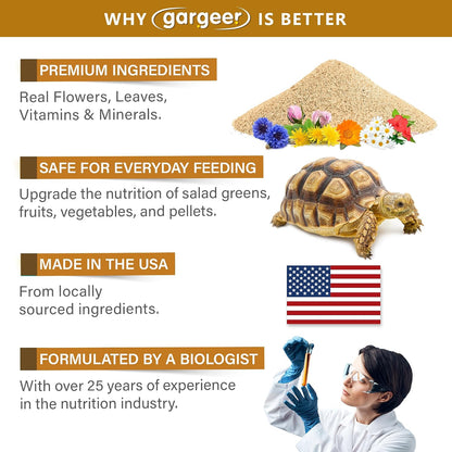 Side profile view of Gargeer desert tortoise food supplement packaging