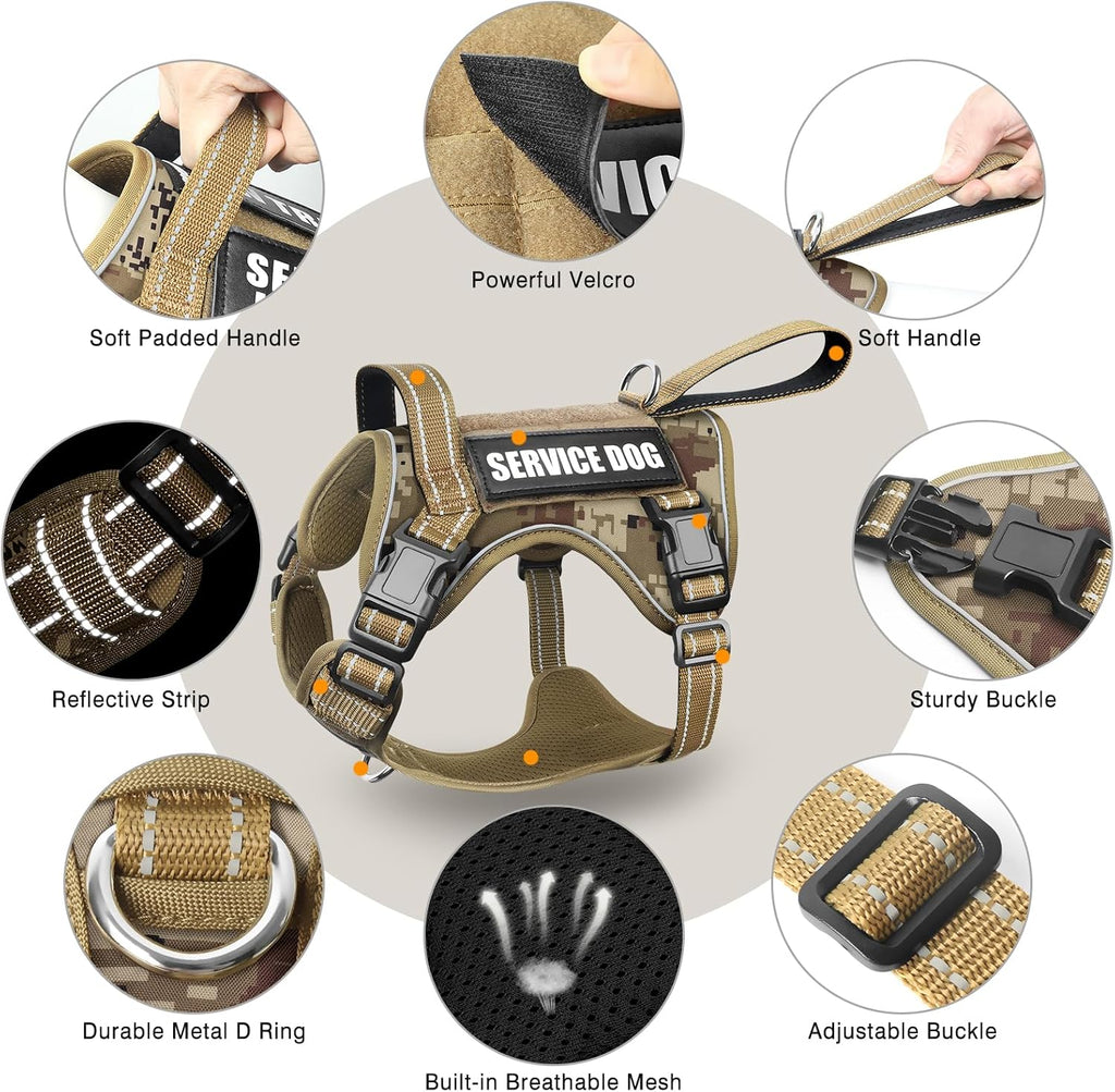 Desert camouflage pattern training harness for large dogs in an outdoor setting.