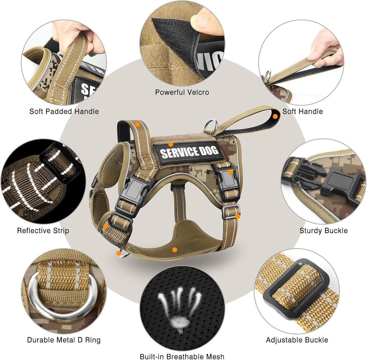 Desert camouflage pattern training harness for large dogs in an outdoor setting.