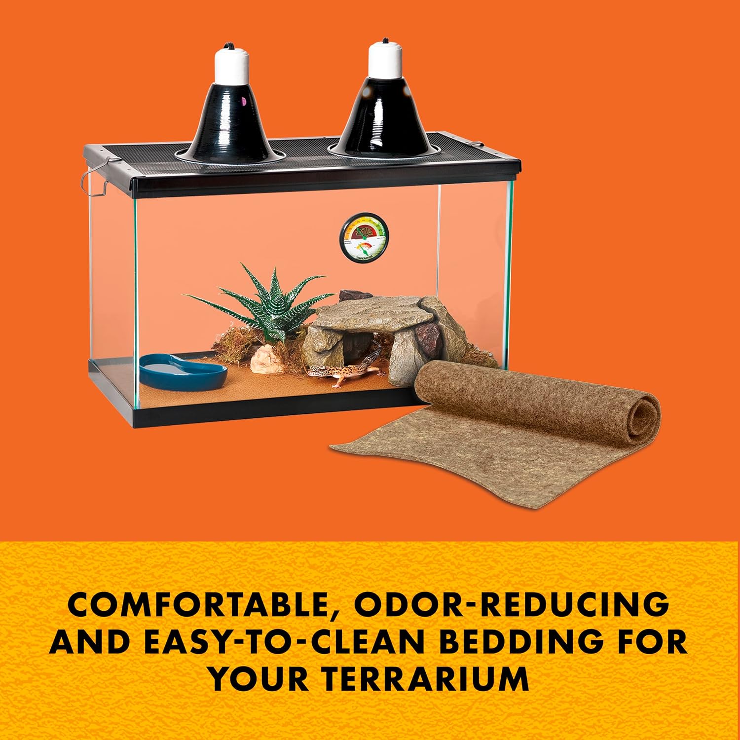 Zilla non abrasive reptile carpet liner laid flat inside a desert terrarium.