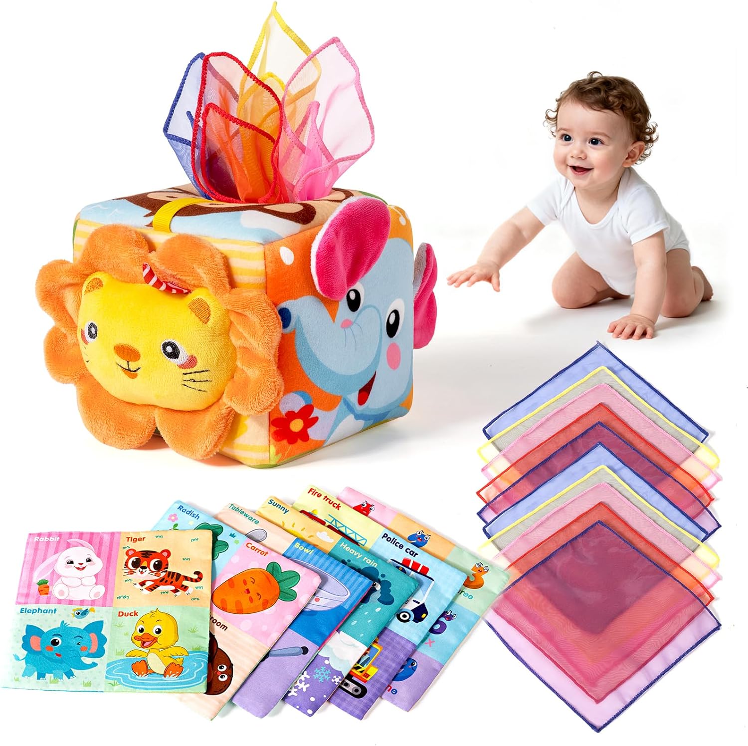 Yisryerow baby tissue box toy front view showing the soft plush container with colorful scarves spilling out