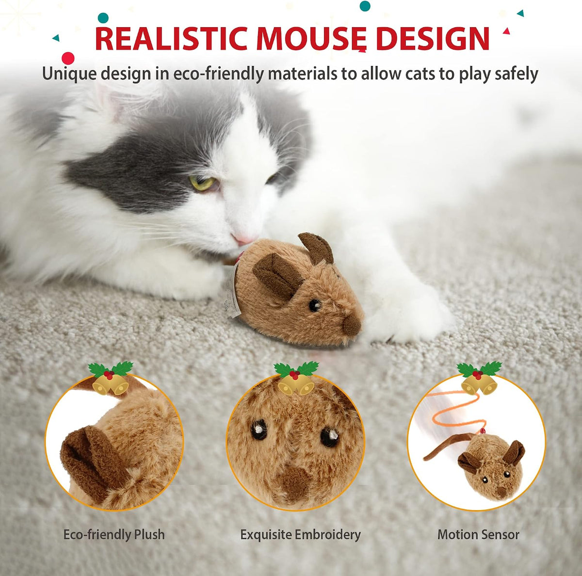 Close up of soft plush fabric and facial features of the mouse toy
