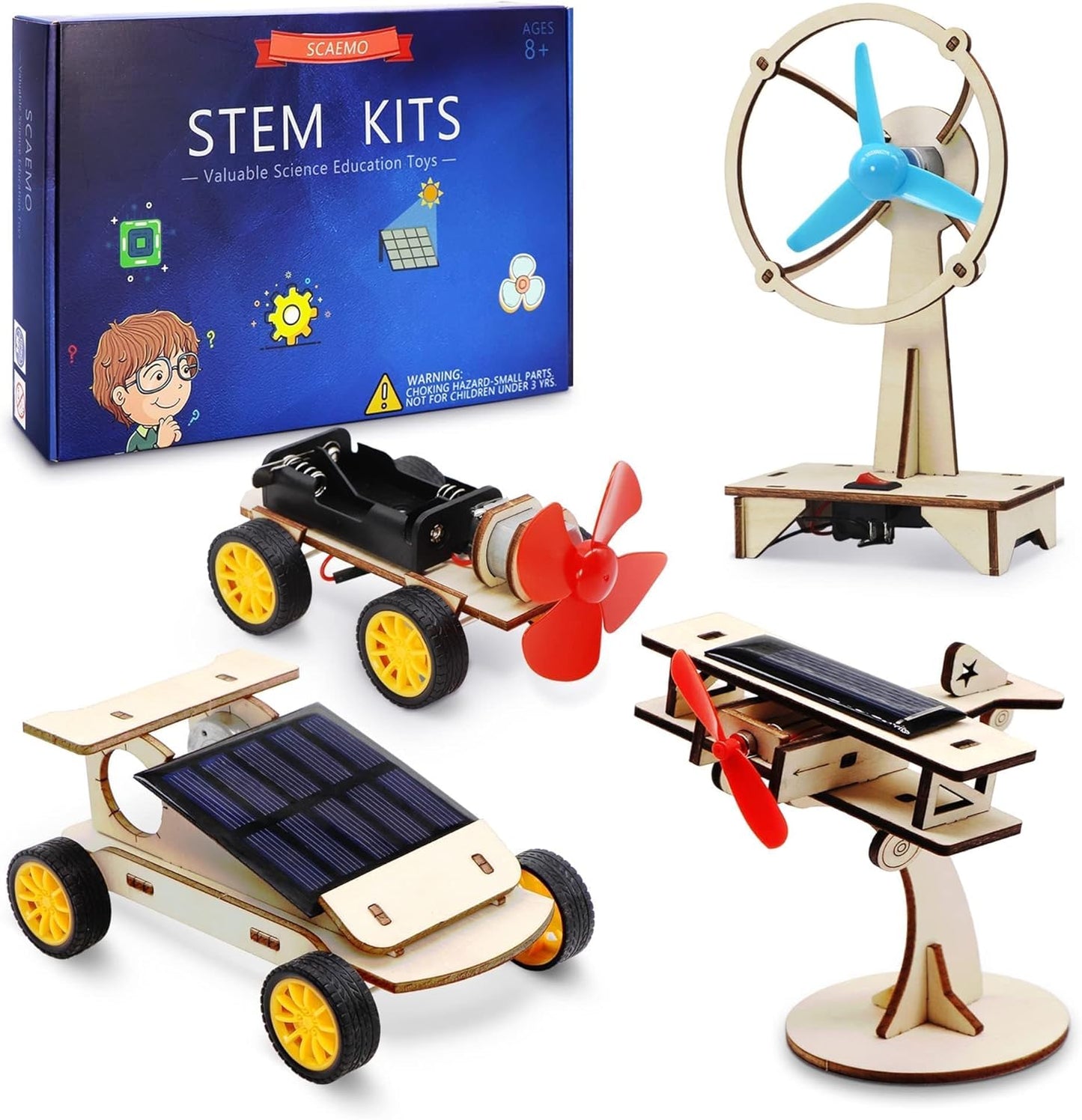 SCAEMO STEM Kits for kids showing the complete four pack wooden science building models front view