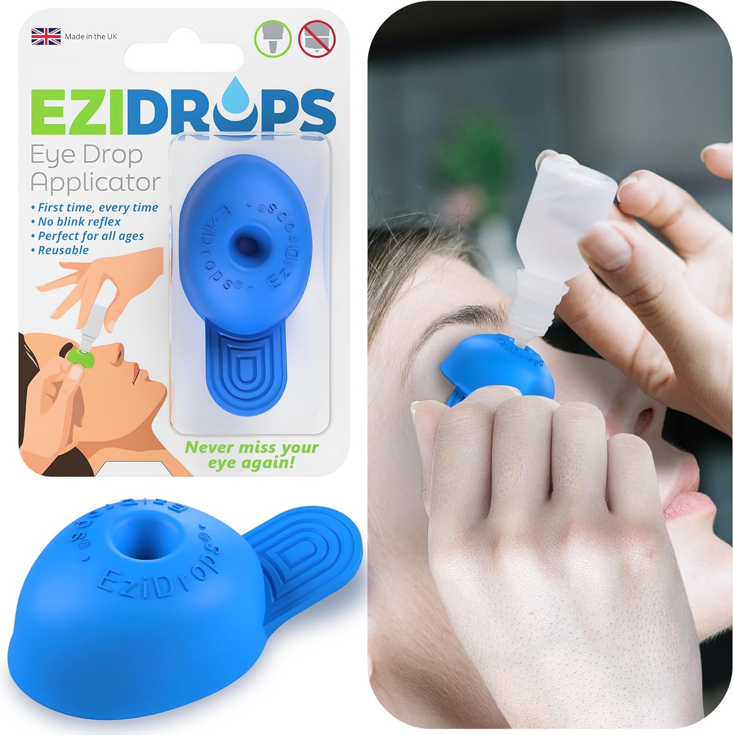 EziDrops eye drop dispenser blue applicator front view for senior vision care