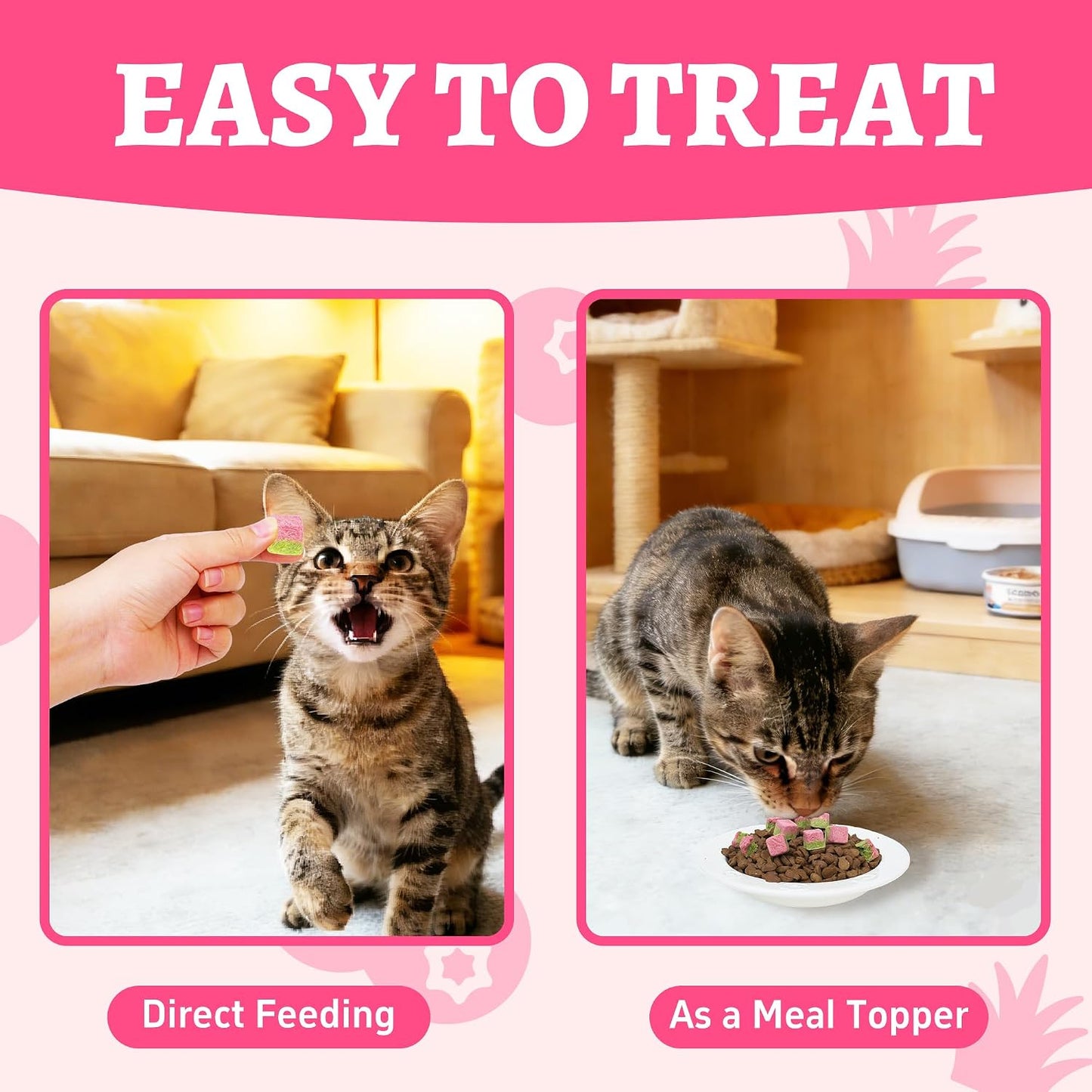 Side view of Just Try dual flavor cat grass and cranberry wellness rewards for picky eating indoor cats.